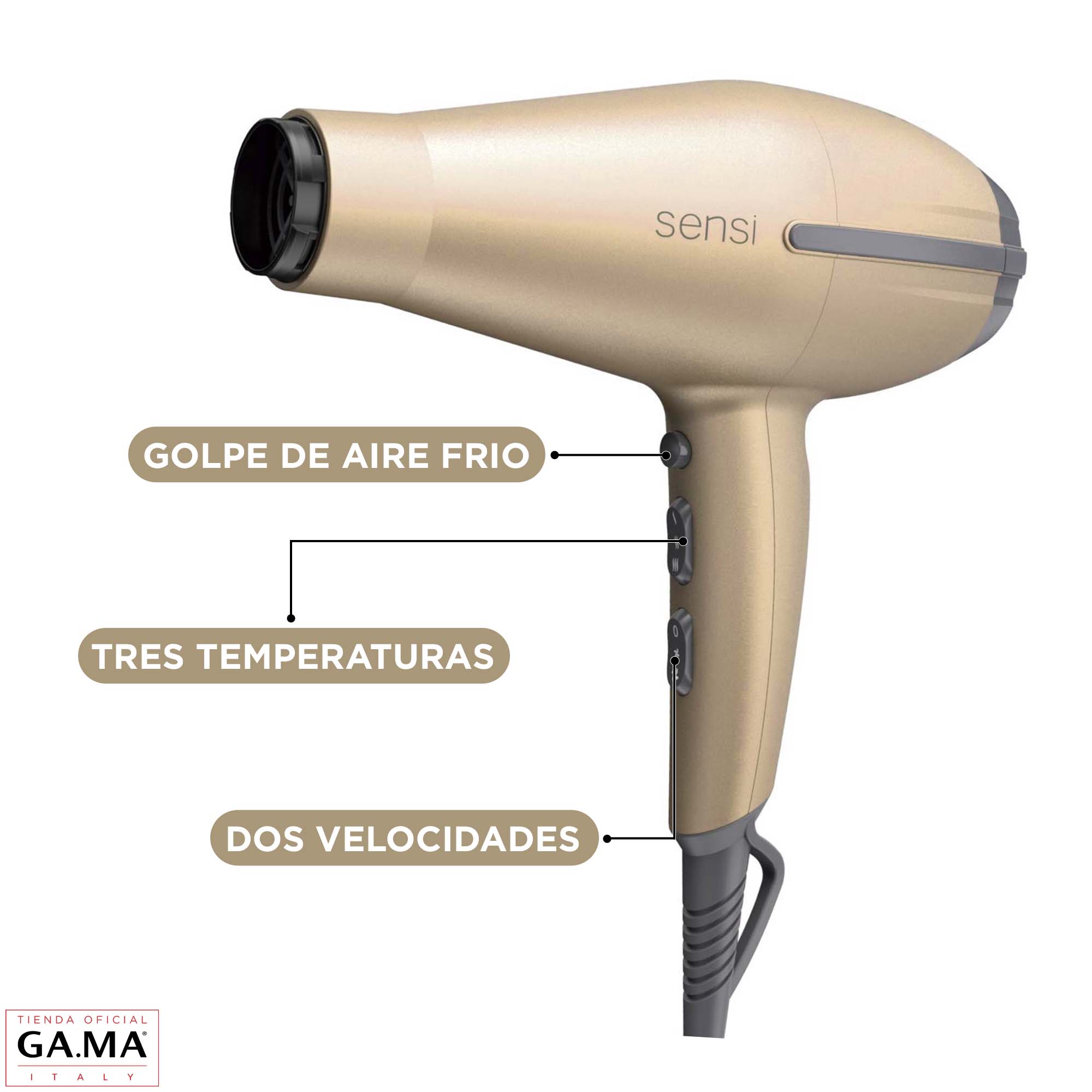 SECADOR DE PELO GAMA H TEMPO 5D SENSI GOLD 2200 W + BOLSO | Beige - 4