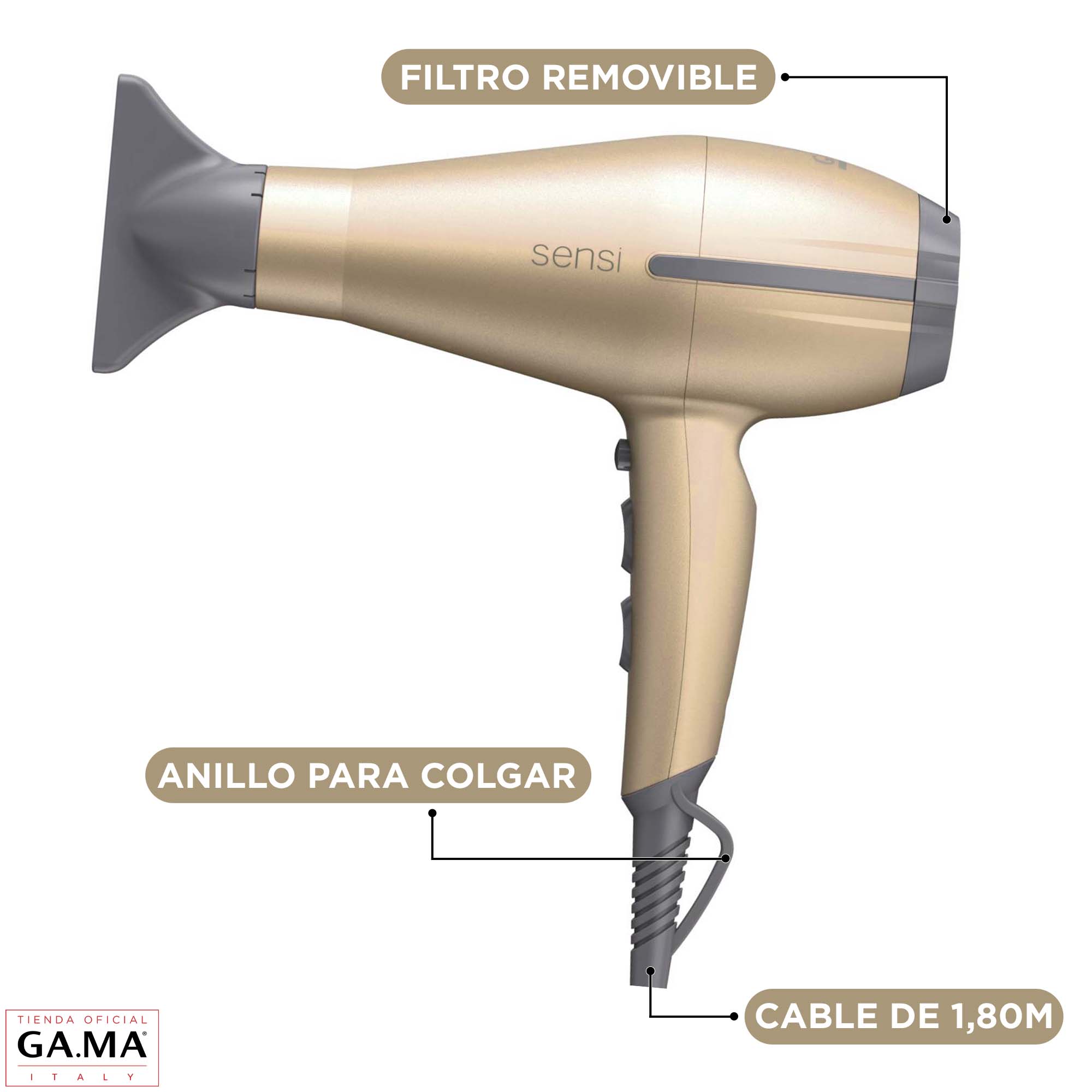SECADOR DE PELO GAMA H TEMPO 5D SENSI GOLD 2200 W + BOLSO | Beige - 5