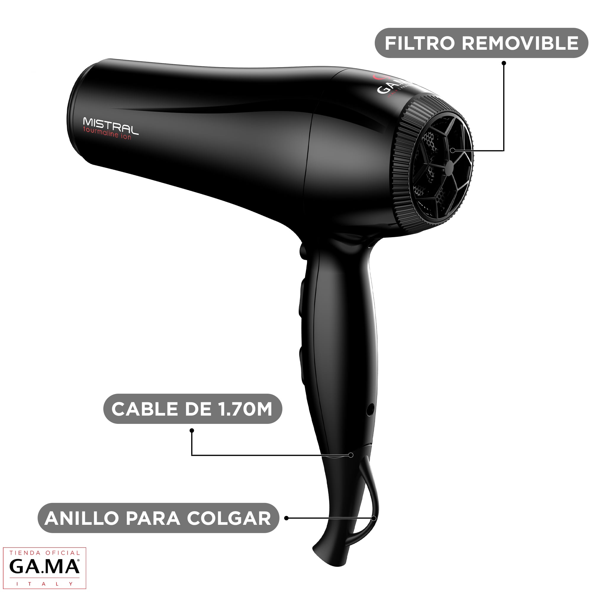 SECADOR DE PELO GAMA MISTRAL TOURMALINE ION 2200 WATTS - 5
