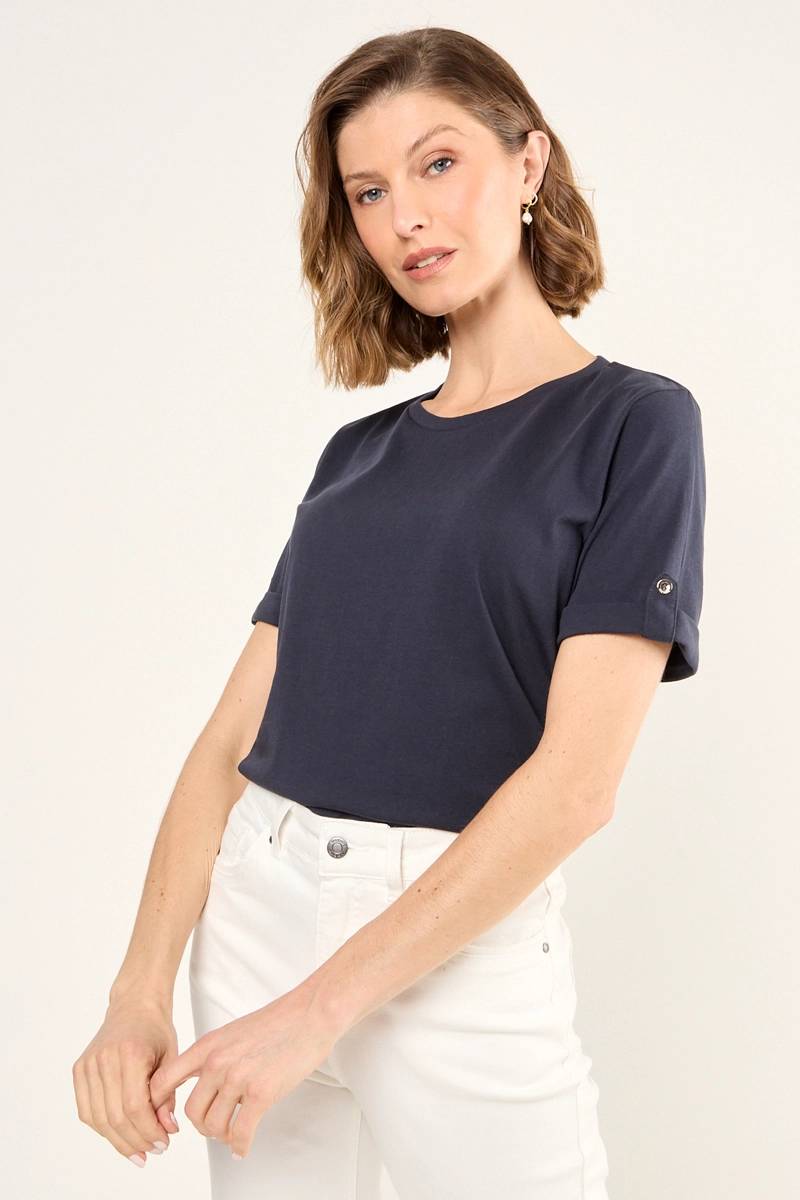 POLERA LISA DE LINO AZUL MUJER MAGRIFFE - 1