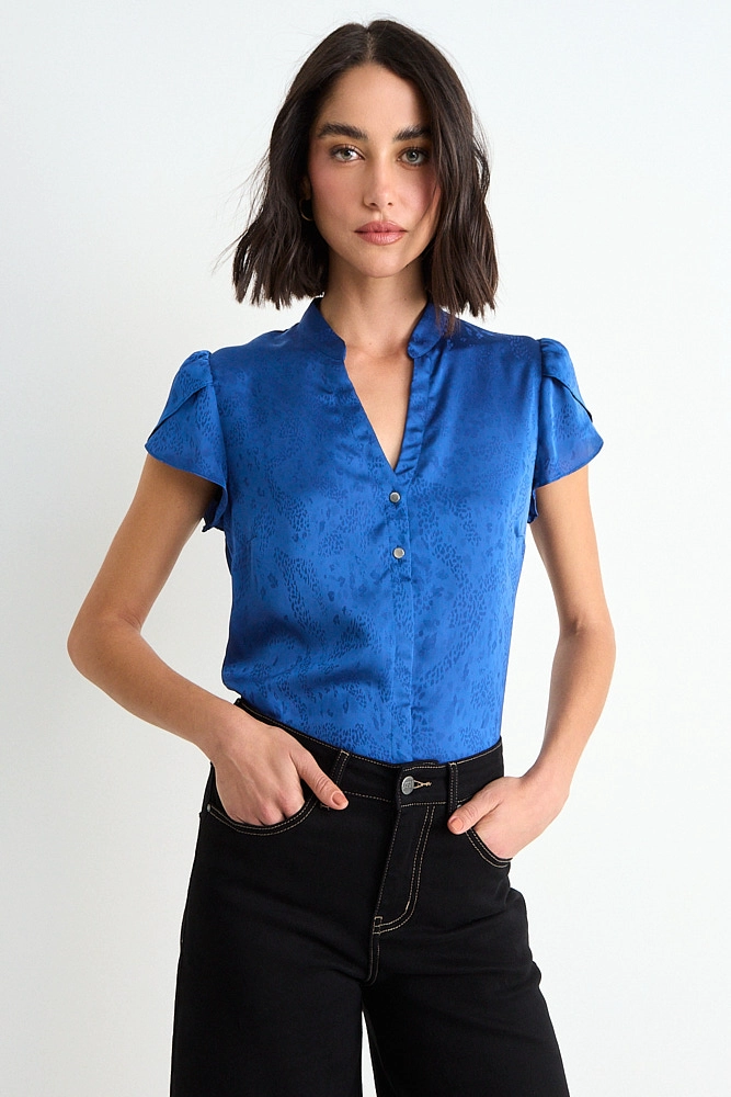 BLUSA LISA CON MANGAS TULIPAN AZUL MUJER ASH - 1