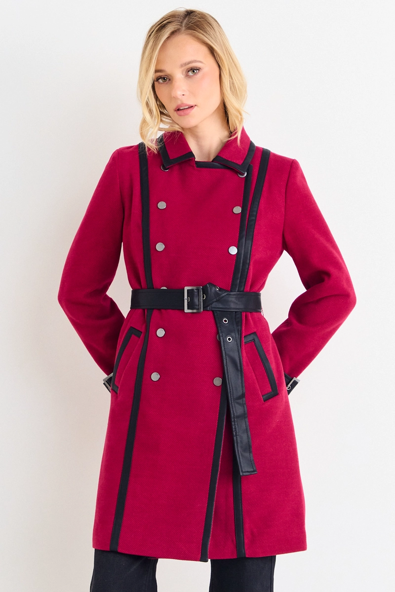 CHAQUETON LISO CON CINTURON ROJO MUJER ASH - 1