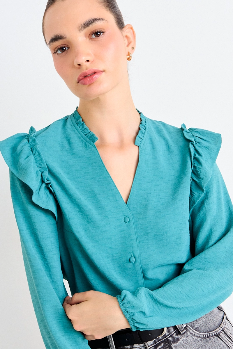 BLUSA LISA VERDE TURQUESA MUJER IO - 1