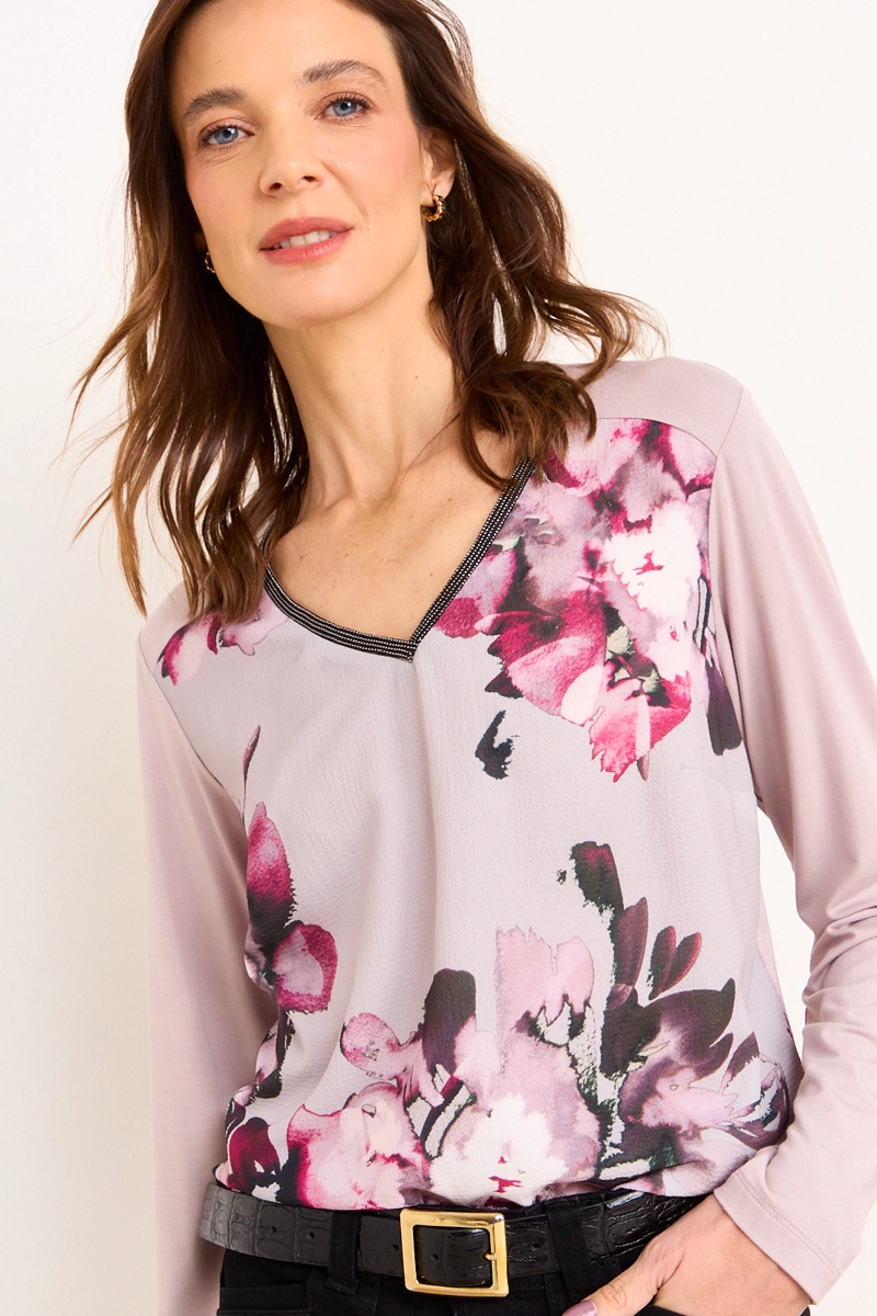 POLERA ESTAMPADA DOBLE TELA BEIGE MUJER MA GRIFFE - 1
