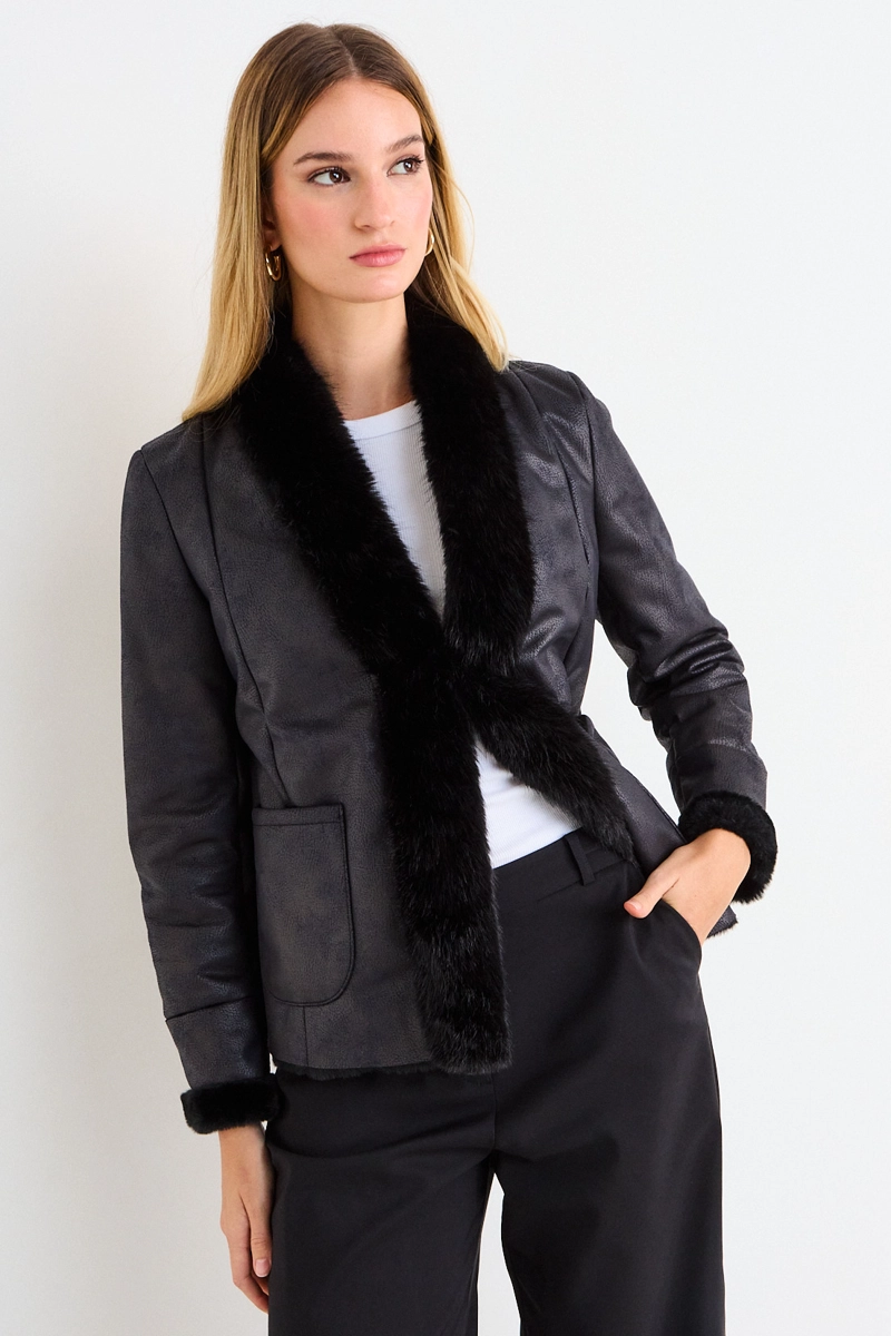 CHAQUETA DE PU CON TEXTURA NEGRO MUJER ASH - 1
