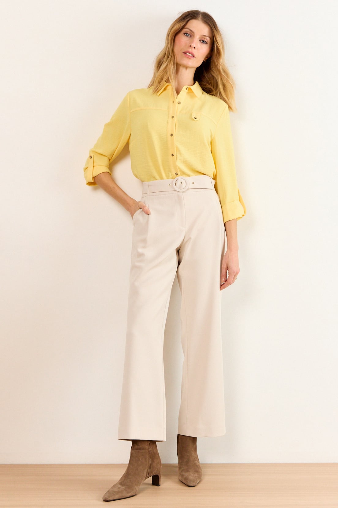 PANTALON WIDE CON CINTURON BEIGE MUJER MA GRIFFE - 1