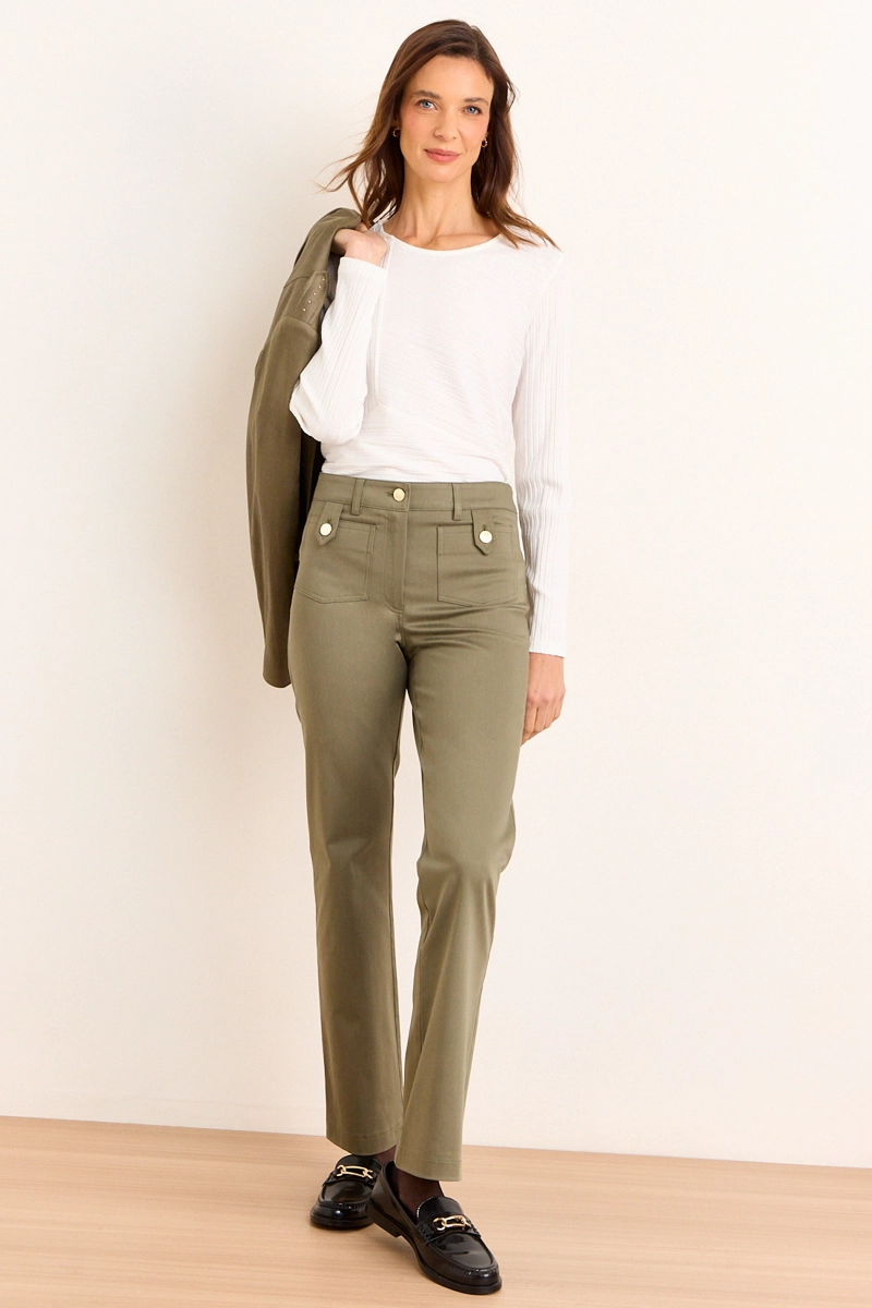 PANTALON RECTO DE GABARDINA VERDE OLIVA MUJER MA GRIFFE - 1