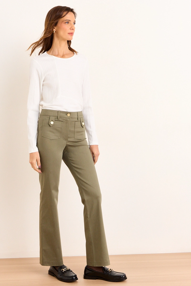 PANTALON RECTO DE GABARDINA VERDE OLIVA MUJER MA GRIFFE - 5