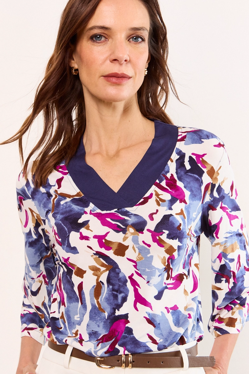 POLERA ESTAMPADO ABSTRACTO CUELLO V AZUL MUJER MA GRIFFE - 1