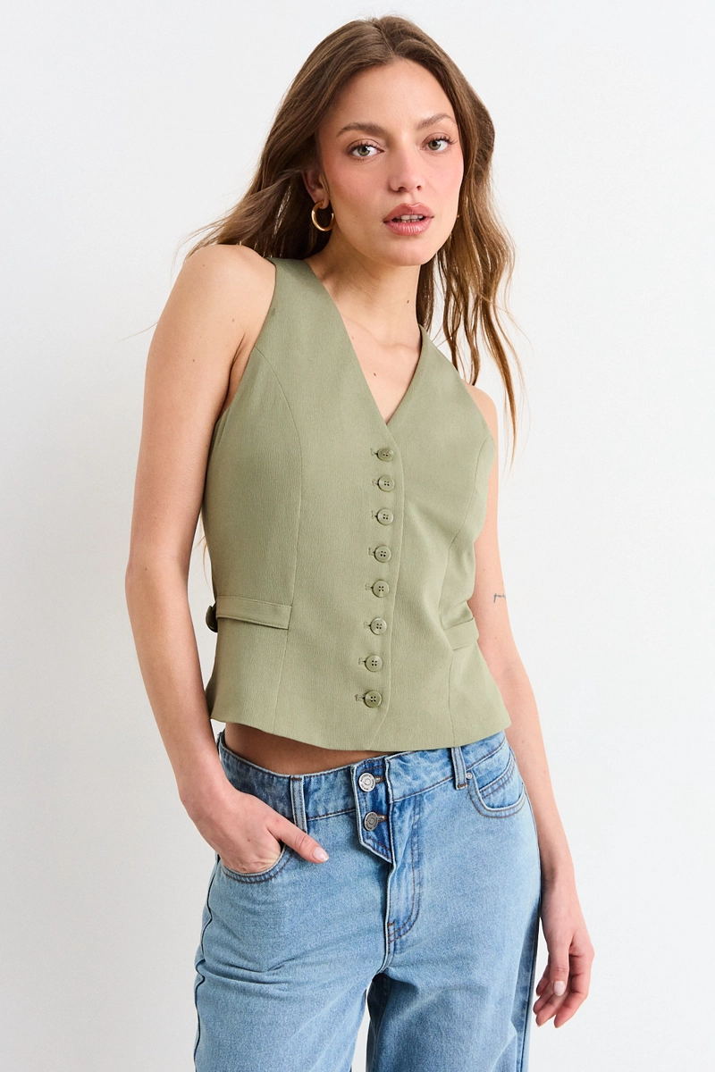 POLERA SIN MANGAS VERDE OLIVA MUJER IO - 1