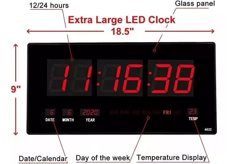 RELOJ PARED LED DIGITAL TEMPERATURA Y CALENDARIO 47CM X 23CM - 3