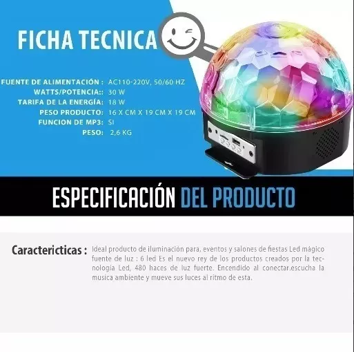 BOLA DISCO RÍTMICA CON CONTROL BLUETOOTH PENDRIVE FIESTA - 5