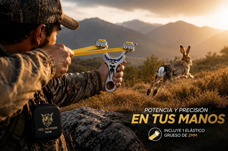 RESORTERA FEEL THE POWER HUNTER DE ACERO, CON ELASTICO Y FUNDA PROTECTORA - 2