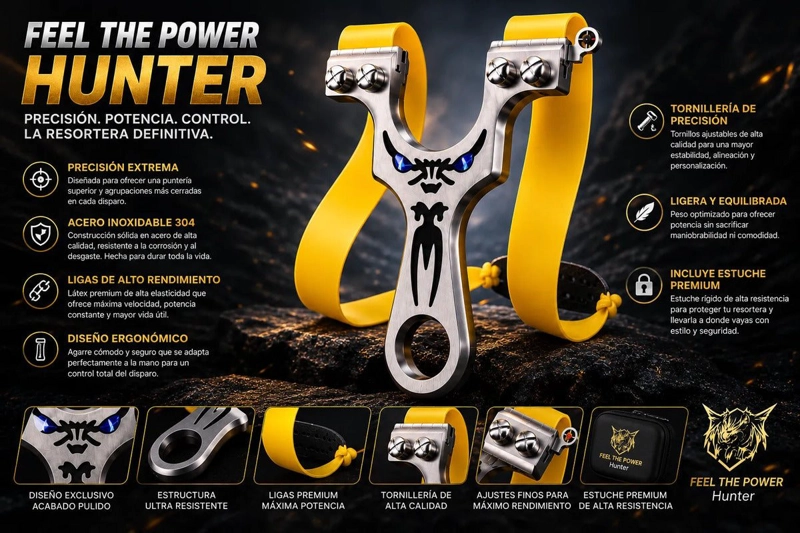 RESORTERA FEEL THE POWER HUNTER DE ACERO, CON ELASTICO Y FUNDA PROTECTORA - 3