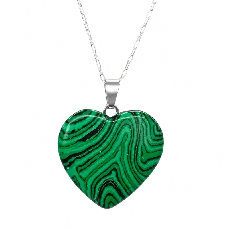 COLLAR CORAZON PIEDRA NATURAL MALAQUITA CON CADENA DE PLATA - 6
