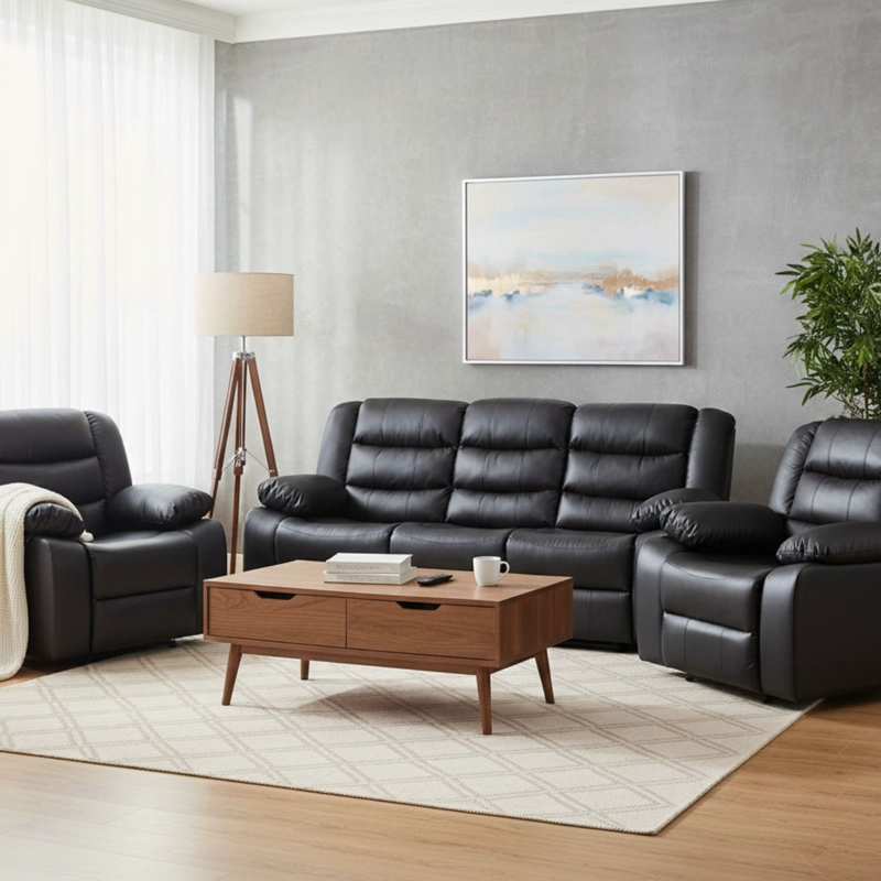 LIVING SOFÁ 3 CUERPOS RECLINABLE ROMA NEGRO + 2 BERGERS KM060BL - 1