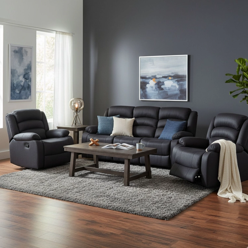 LIVING RECLINABLE SOFÁ 3 CUERPOS + 2 BERGERS NEW PRAGA EN COLOR NEGRO SET8041FFBK - 1