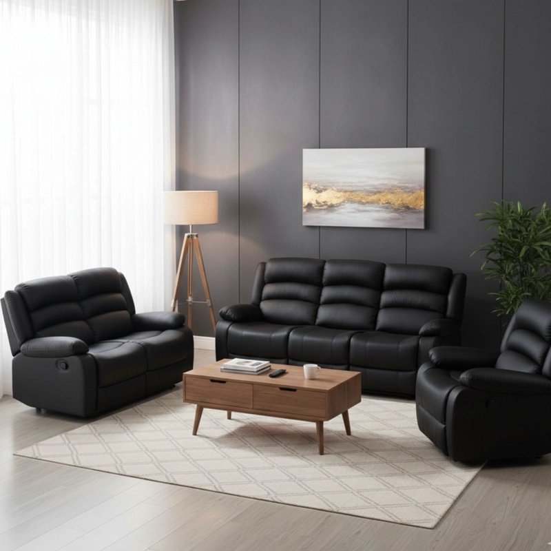 SOFÁ 3 CUERPOS + 1 SOFÁ 2C + 1 BERGERPARA LIVING RECLINABLE NEGRO NEW PRAGA - 1