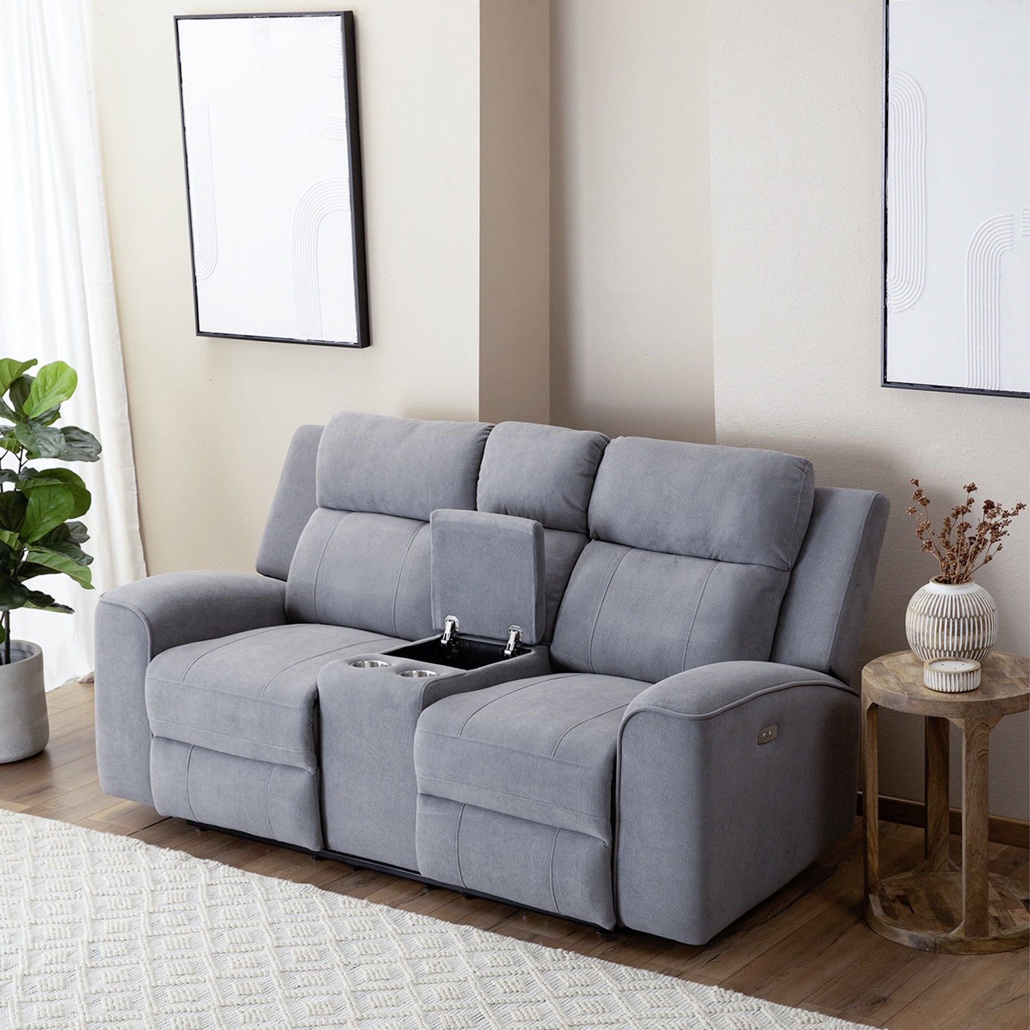 SOFÁ 2 CUERPOS RECLINABLE ELÉCTRICO + CONSOLA GRIS MONTANA KM807L - 1