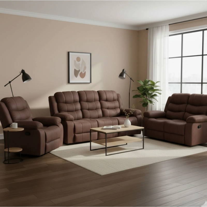 LIVING RECLINABLE SOFA 3 CUERPOS + SOFA 2 CUERPOS + 1 BERGER CAFE  OSCURO NORMAN 2011DBR - 1