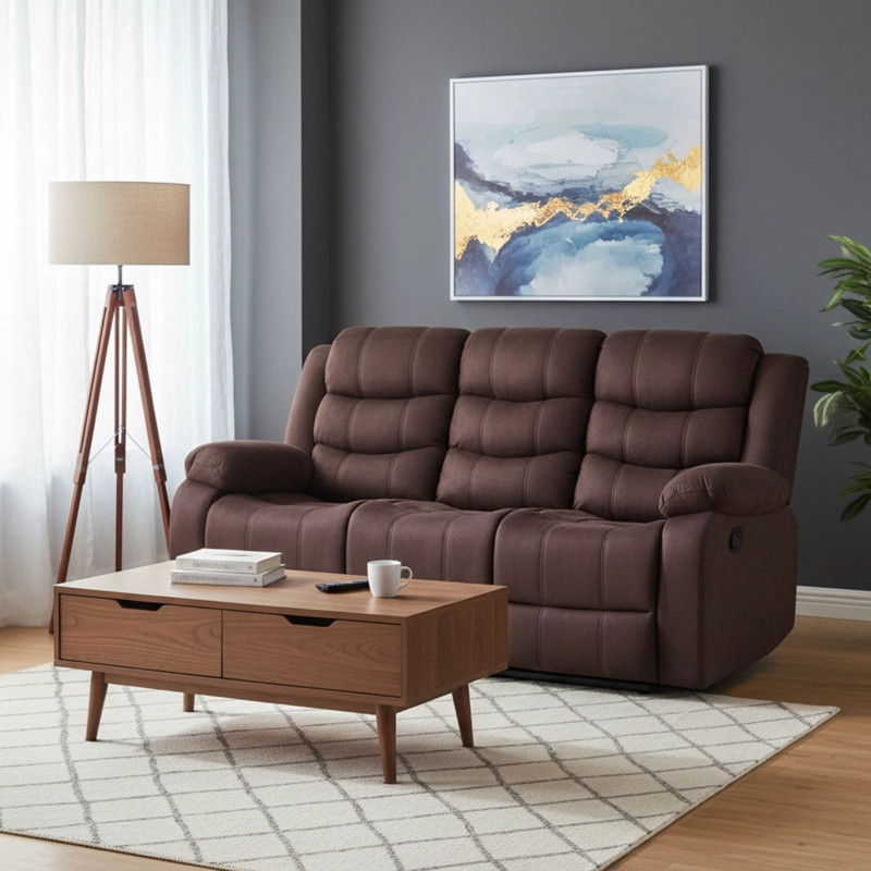LIVING RECLINABLE SOFA 3 CUERPOS + SOFA 2 CUERPOS + 1 BERGER CAFE  OSCURO NORMAN 2011DBR - 2
