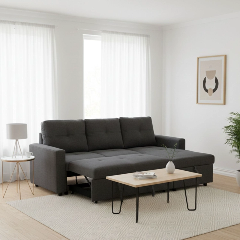 SOFA SECCIONAL CAMA 2 PLAZAS MODERNO LINO GRUESO GRIS REVERSIBLE WING - 1
