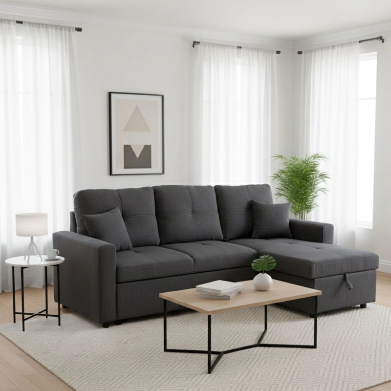 SOFA SECCIONAL CAMA 2 PLAZAS MODERNO LINO GRUESO GRIS REVERSIBLE WING - 6