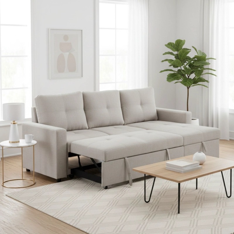 SOFA SECCIONAL CAMA 2 PLAZAS MODERNO LINO GRUESO BEIGE REVERSIBLE WING - 1
