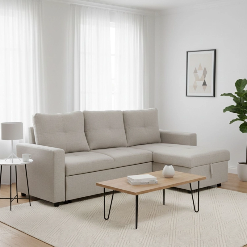 SOFA SECCIONAL CAMA 2 PLAZAS MODERNO LINO GRUESO BEIGE REVERSIBLE WING - 6