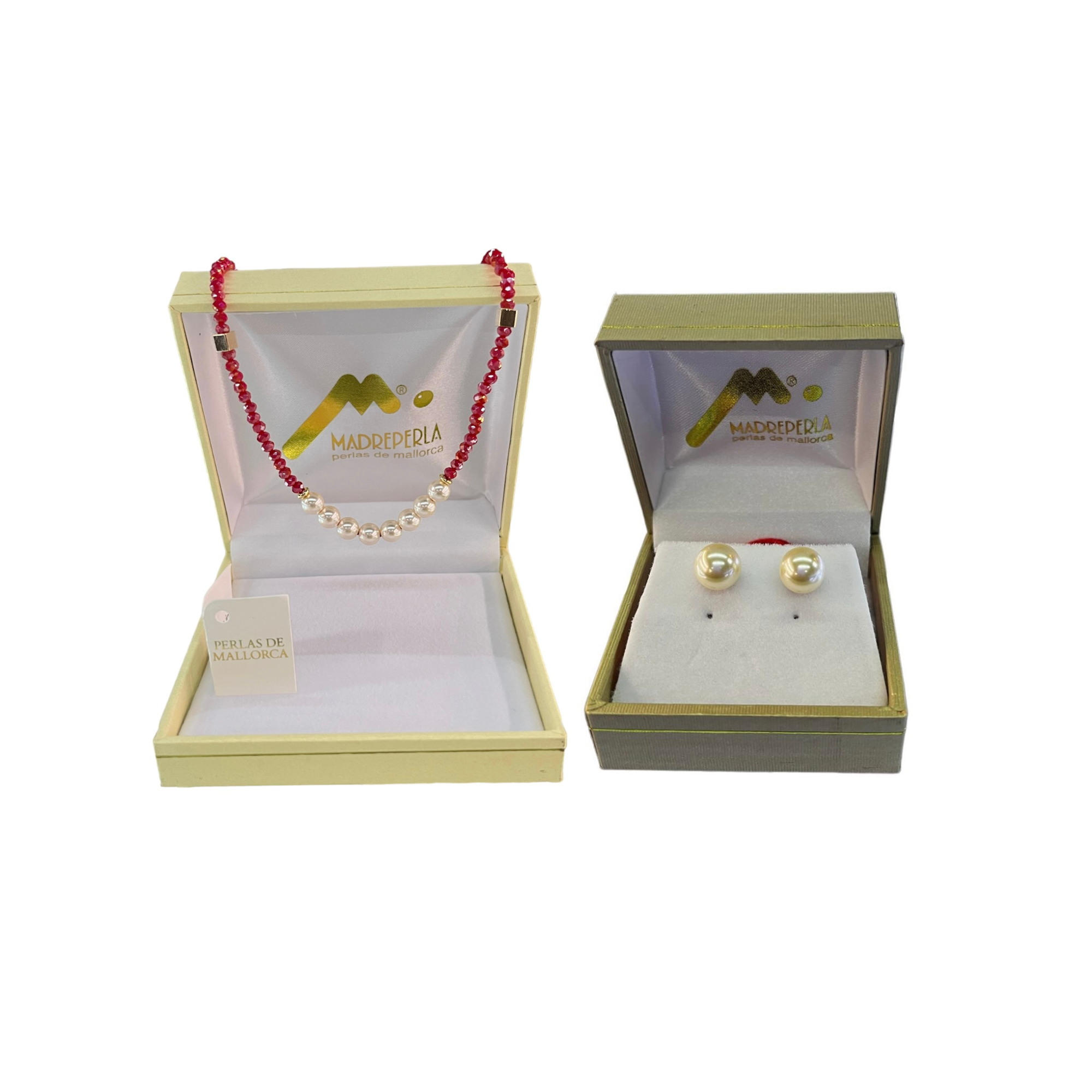 SET COLLAR DE PERLAS MALLORCA CON CRISTALES RUBI MAS AROS PERLAS - 1