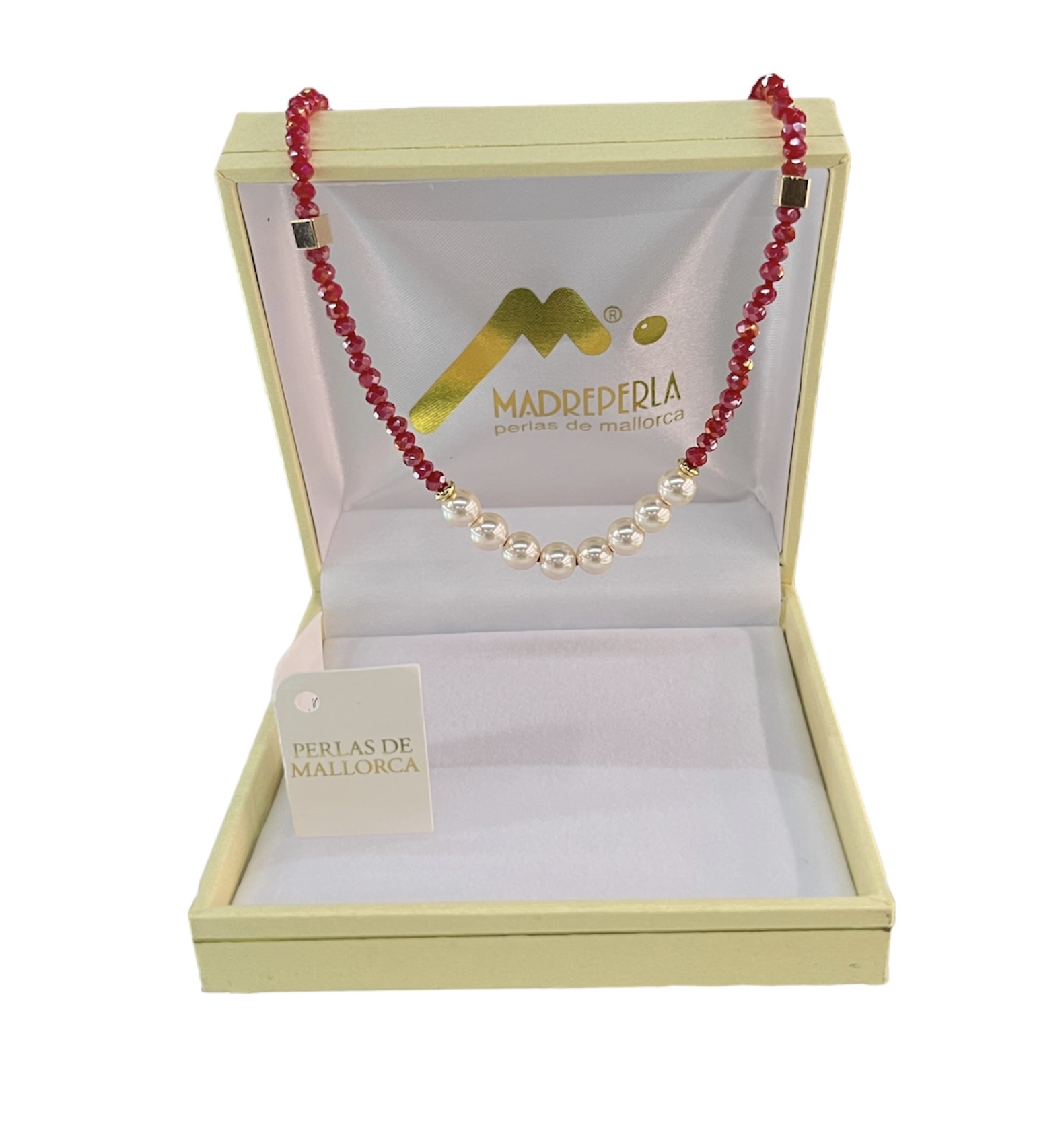SET COLLAR DE PERLAS MALLORCA CON CRISTALES RUBI MAS AROS PERLAS - 2