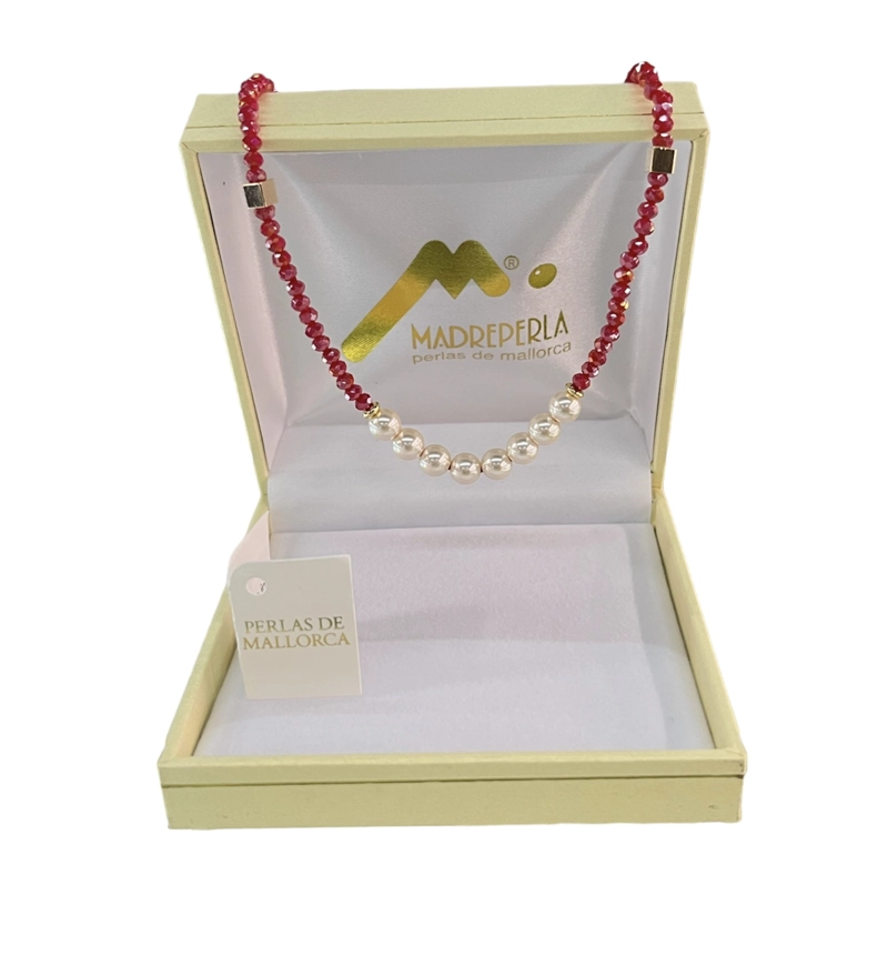 COLLAR DE PERLAS MALLORCA CON CRISTALES COLOR RUBI - 1