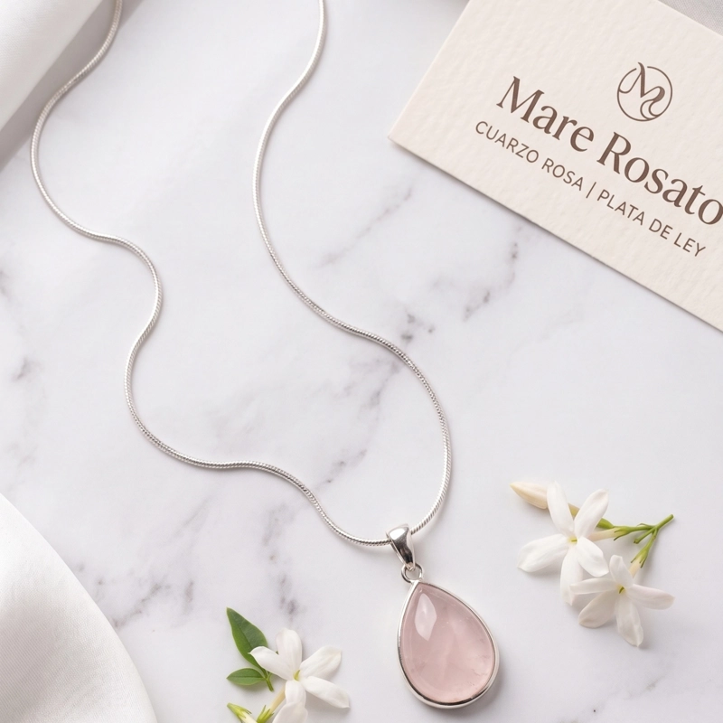 COLLAR CON CUARZO COLOR ROSA EN PLATA 925 CON PACKING - 2