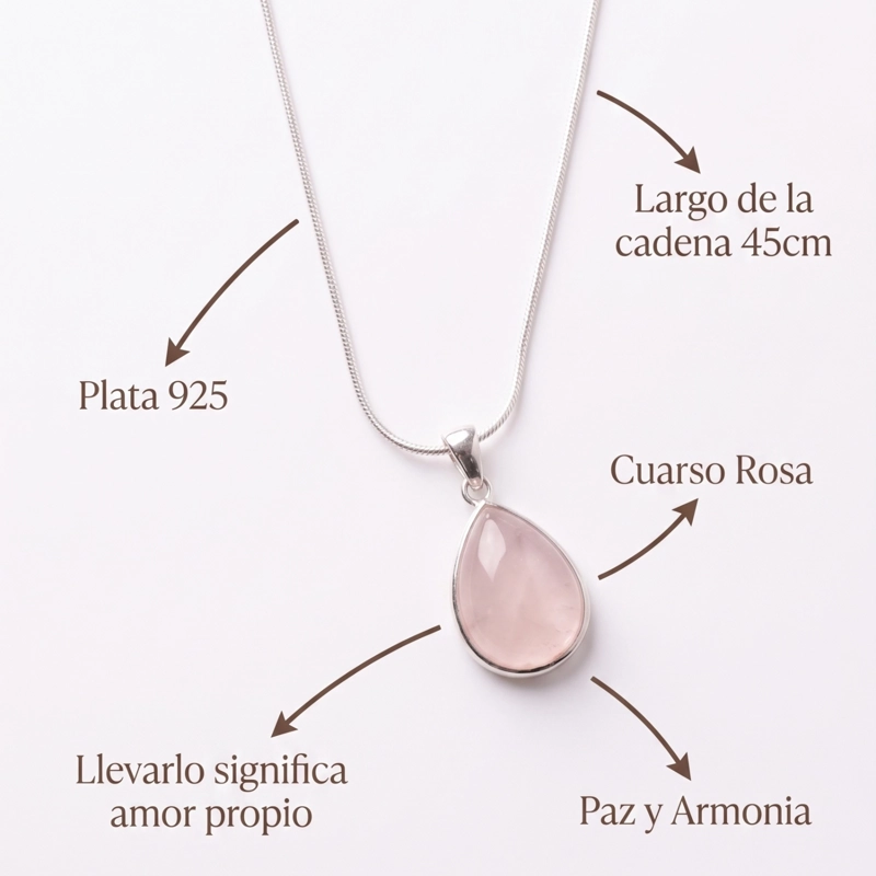COLLAR CON CUARZO COLOR ROSA EN PLATA 925 CON PACKING - 3