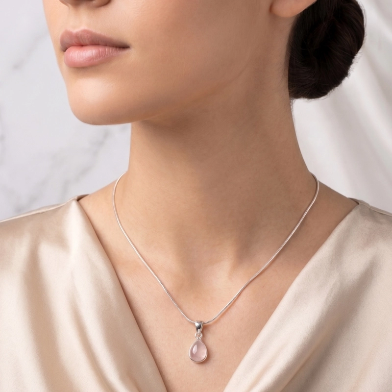 COLLAR CON CUARZO COLOR ROSA EN PLATA 925 CON PACKING - 4