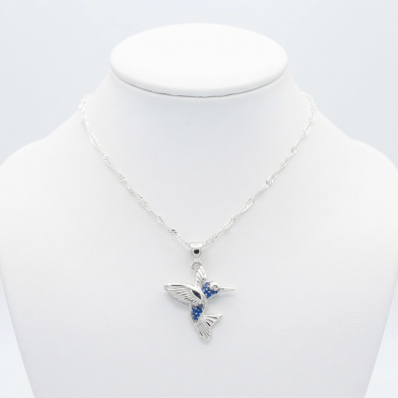 COLLAR COLIBRI CON MICRO CIRCONES COLOR ZAFIRO EN PLATA 925 CON PACKING - 1