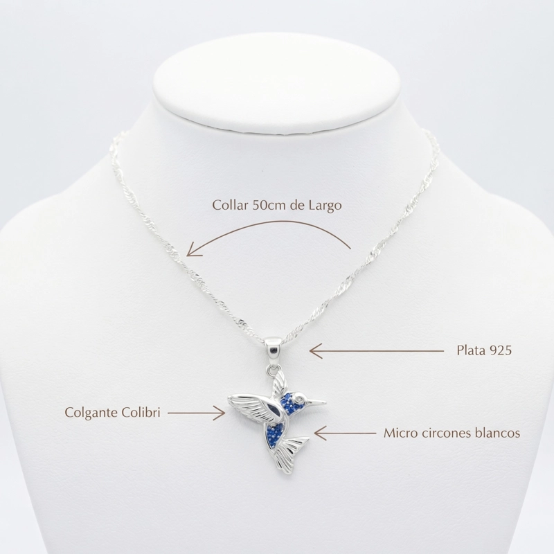 COLLAR COLIBRI CON MICRO CIRCONES COLOR ZAFIRO EN PLATA 925 CON PACKING - 2