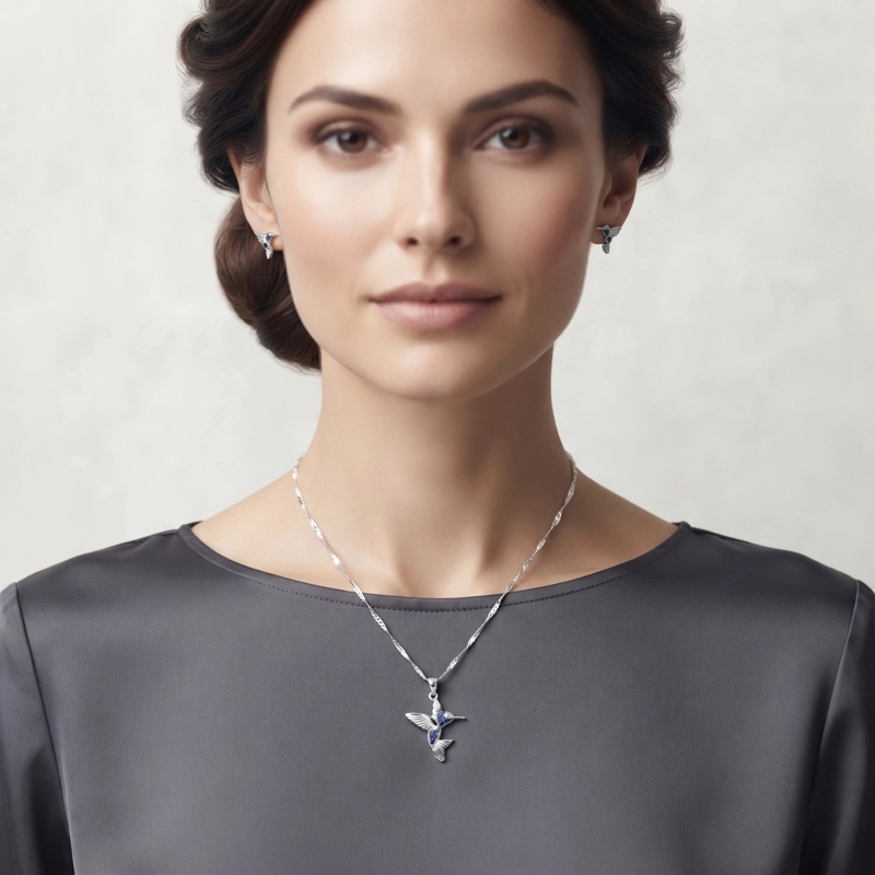 COLLAR COLIBRI CON MICRO CIRCONES COLOR ZAFIRO EN PLATA 925 CON PACKING - 3