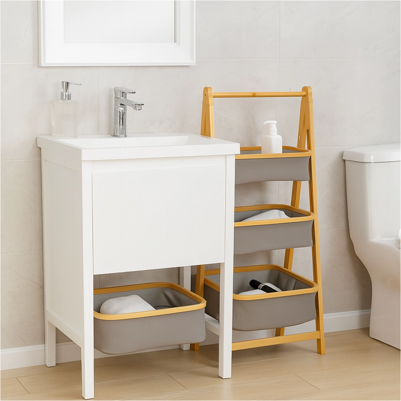 ESTANTE DE ALMACENAMIENTO PLEGABLE ORGANIZADOR 3 NIVELES CESTAS DE TELA GRIS - 3