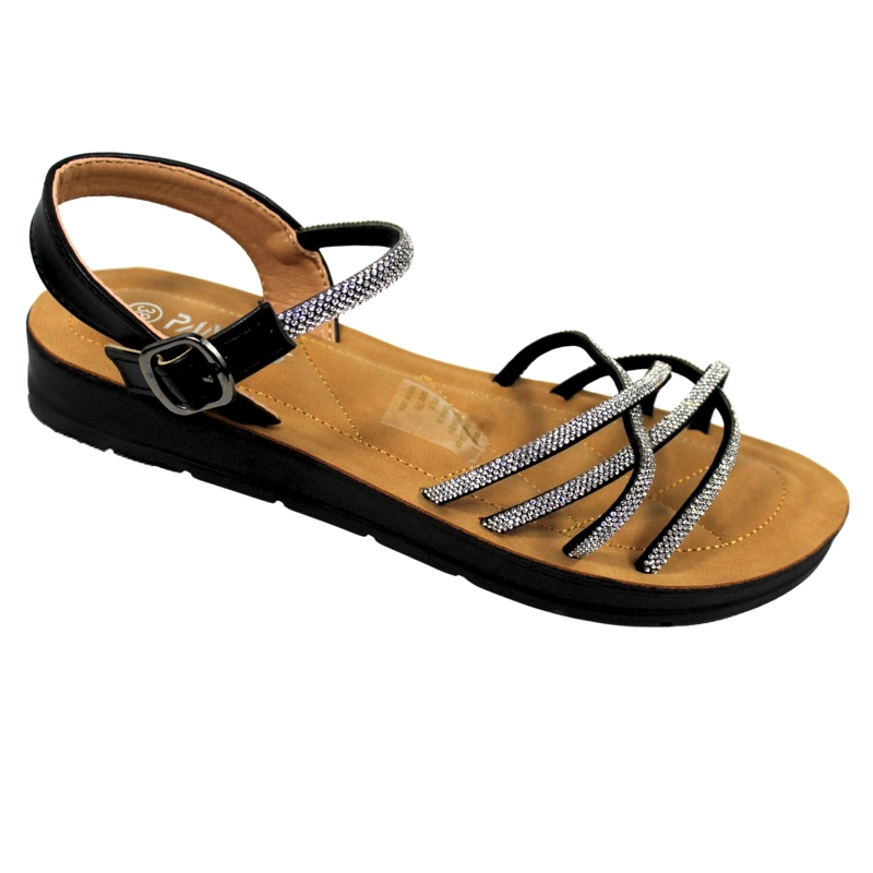 SANDALIAS DE MUJER CON TIRAS BRILLANTES PG5247 NEGRO - 2
