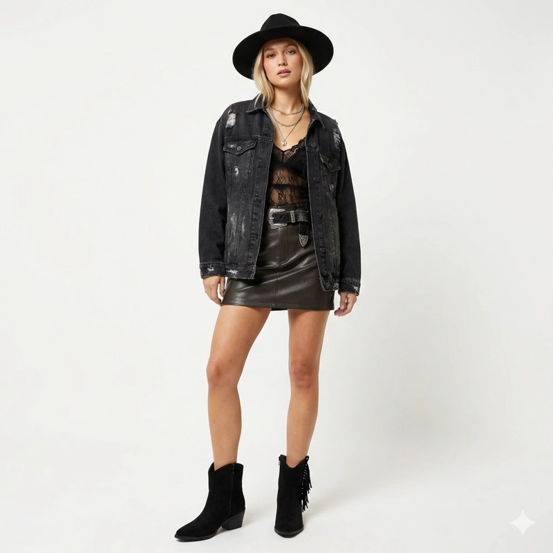 BOTIN TEXANO MUJER GAMUZA CON FLECOS Y TACHAS PG5327 NEGRO - 1