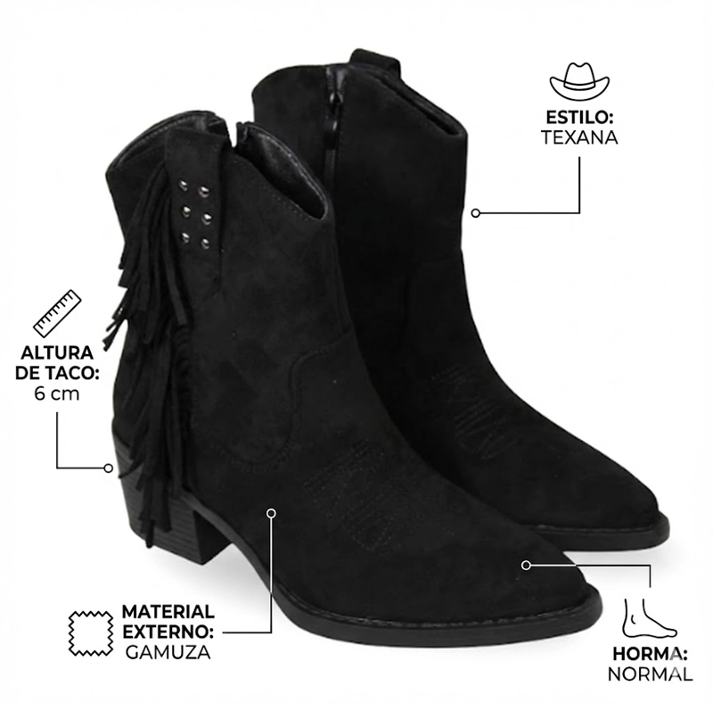 BOTIN TEXANO MUJER GAMUZA CON FLECOS Y TACHAS PG5327 NEGRO - 10