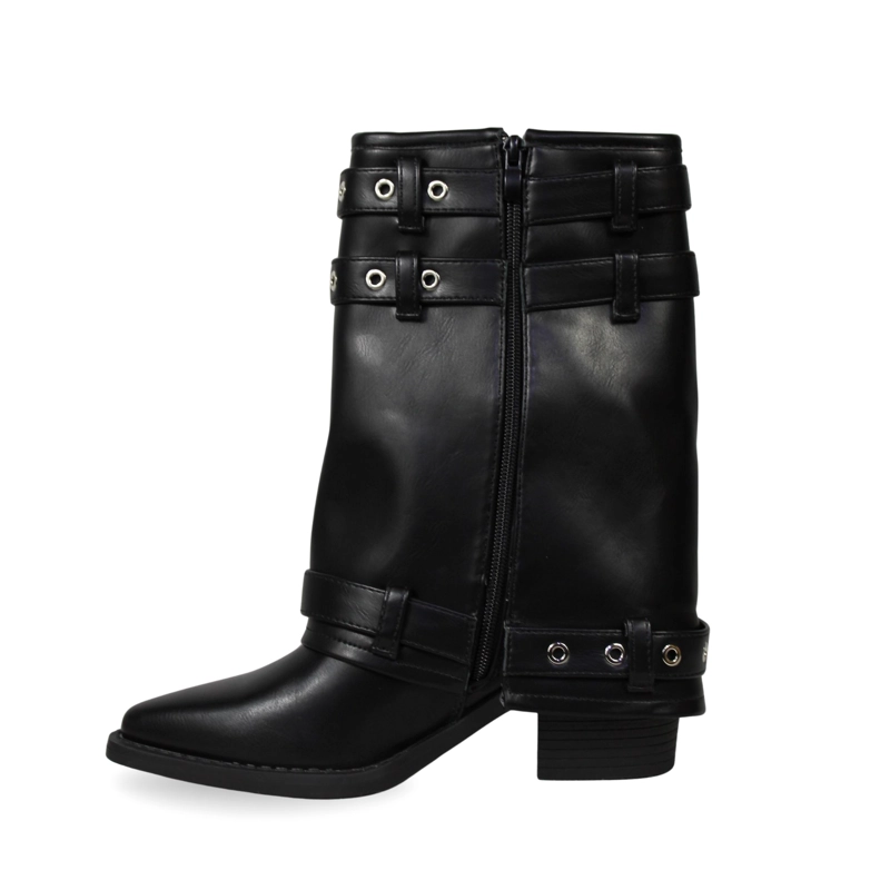 BOTA BIKER DE MEDIA CAÑA ECOCUERO NEGRO CON HEBILLAS Y CIERRE PG5322 NEGRO - 2