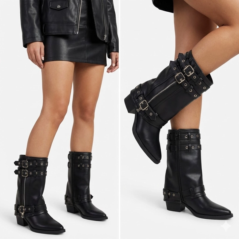 BOTA BIKER DE MEDIA CAÑA ECOCUERO NEGRO CON HEBILLAS Y CIERRE PG5322 NEGRO - 3