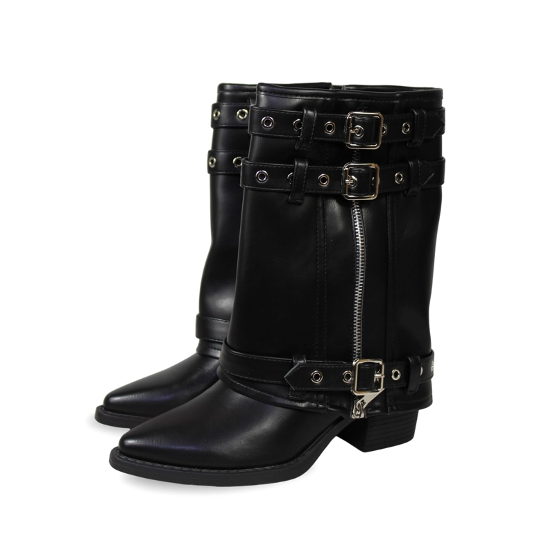 BOTA BIKER DE MEDIA CAÑA ECOCUERO NEGRO CON HEBILLAS Y CIERRE PG5322 NEGRO - 4