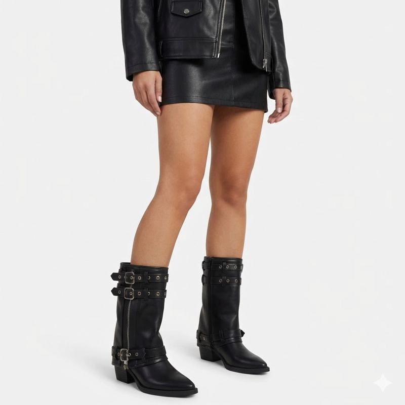 BOTA BIKER DE MEDIA CAÑA ECOCUERO NEGRO CON HEBILLAS Y CIERRE PG5322 NEGRO - 5
