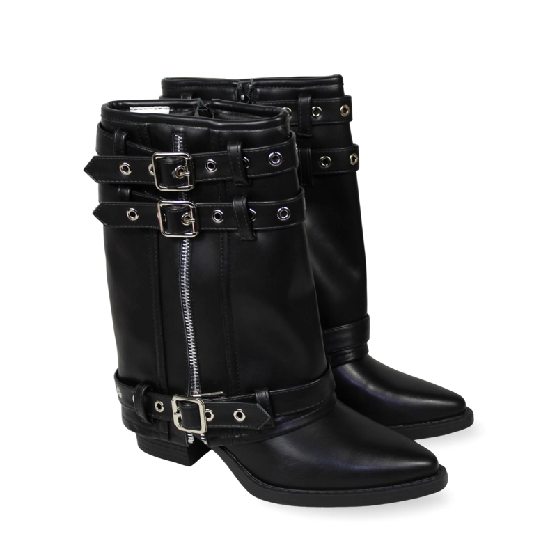 BOTA BIKER DE MEDIA CAÑA ECOCUERO NEGRO CON HEBILLAS Y CIERRE PG5322 NEGRO - 6
