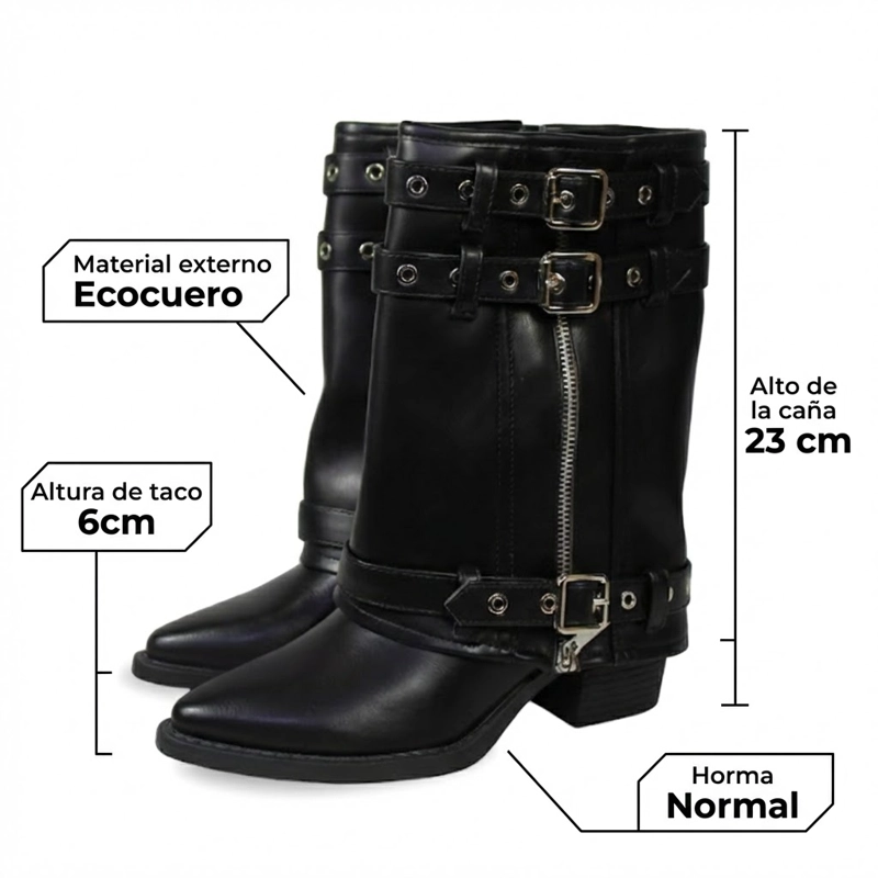 BOTA BIKER DE MEDIA CAÑA ECOCUERO NEGRO CON HEBILLAS Y CIERRE PG5322 NEGRO - 7