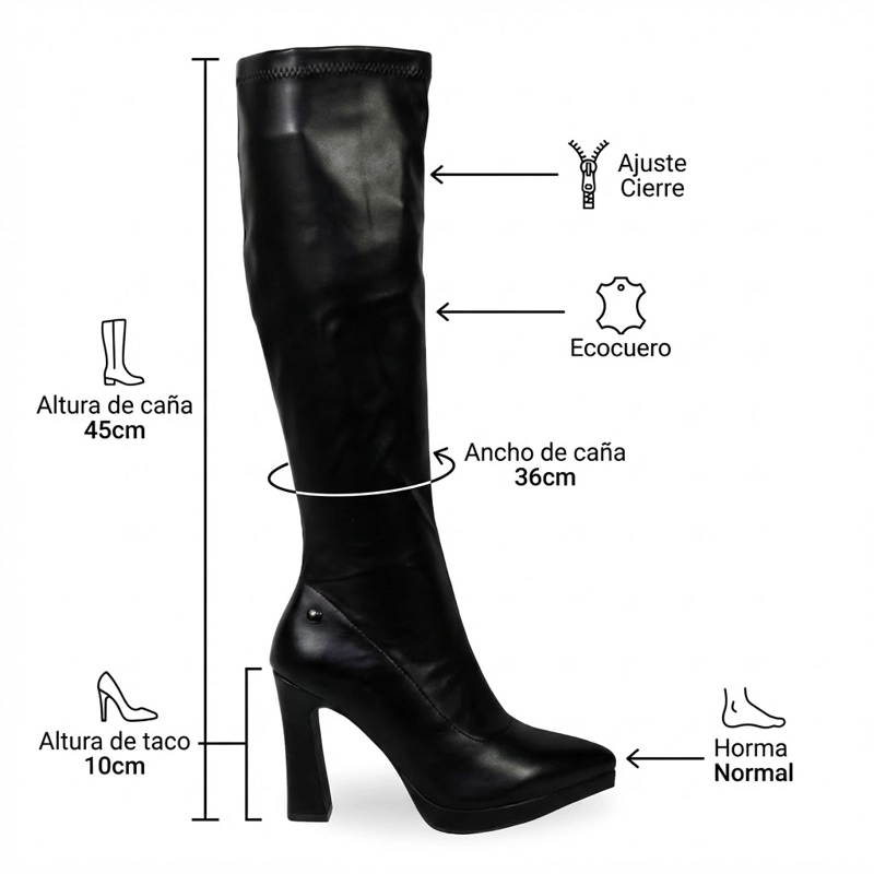 BOTA CAÑA ALTA ECOCUERO NEGRA CON PLATAFORMA Y PUNTA FINA 2518 NEGRO - 6