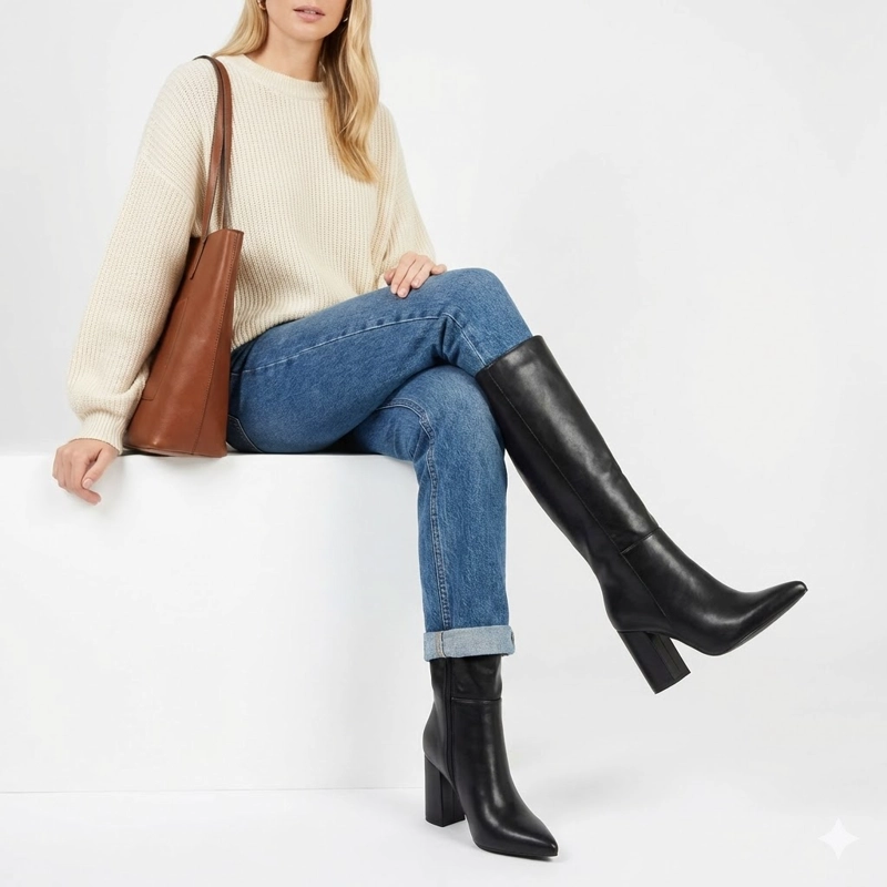 BOTA CAÑA ALTA MUJER ECOCUERO NEGRA TACO CUADRADO 2680 NEGRO - 10